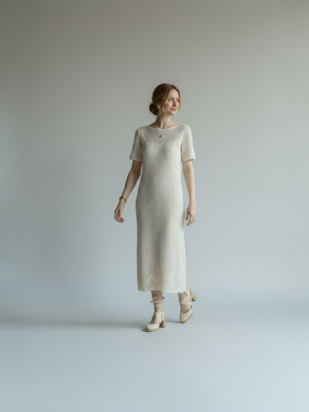 Ralph Lauren Cream Crochet Short-Sleeve Midi Dress